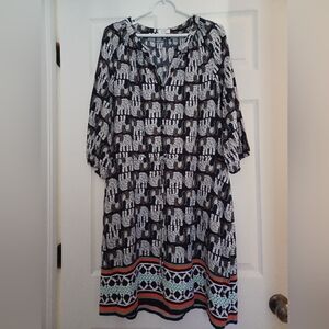 Crown & Ivy Wimens Size 16 Blue and White Elephant Print Dress